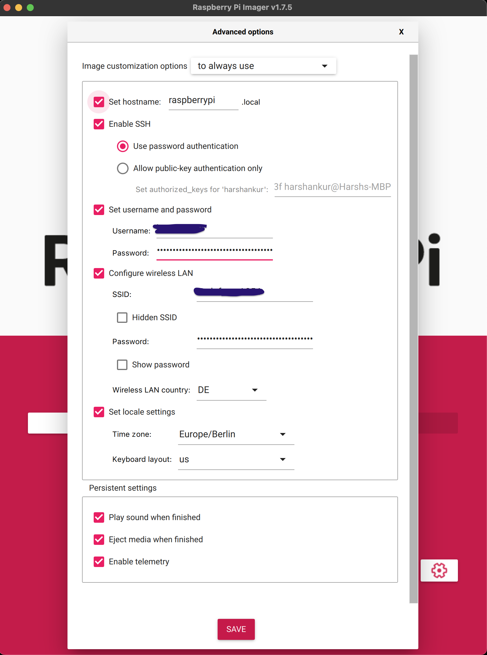 Pi Imager Advanced Settings Screenshot of PiImager Advanced Settings